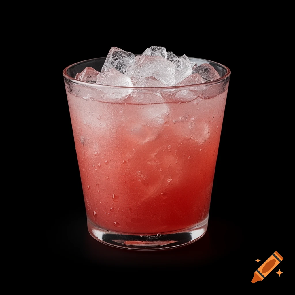 Photorealistic pink cocktail with crushed ice in a glass on a black background.
