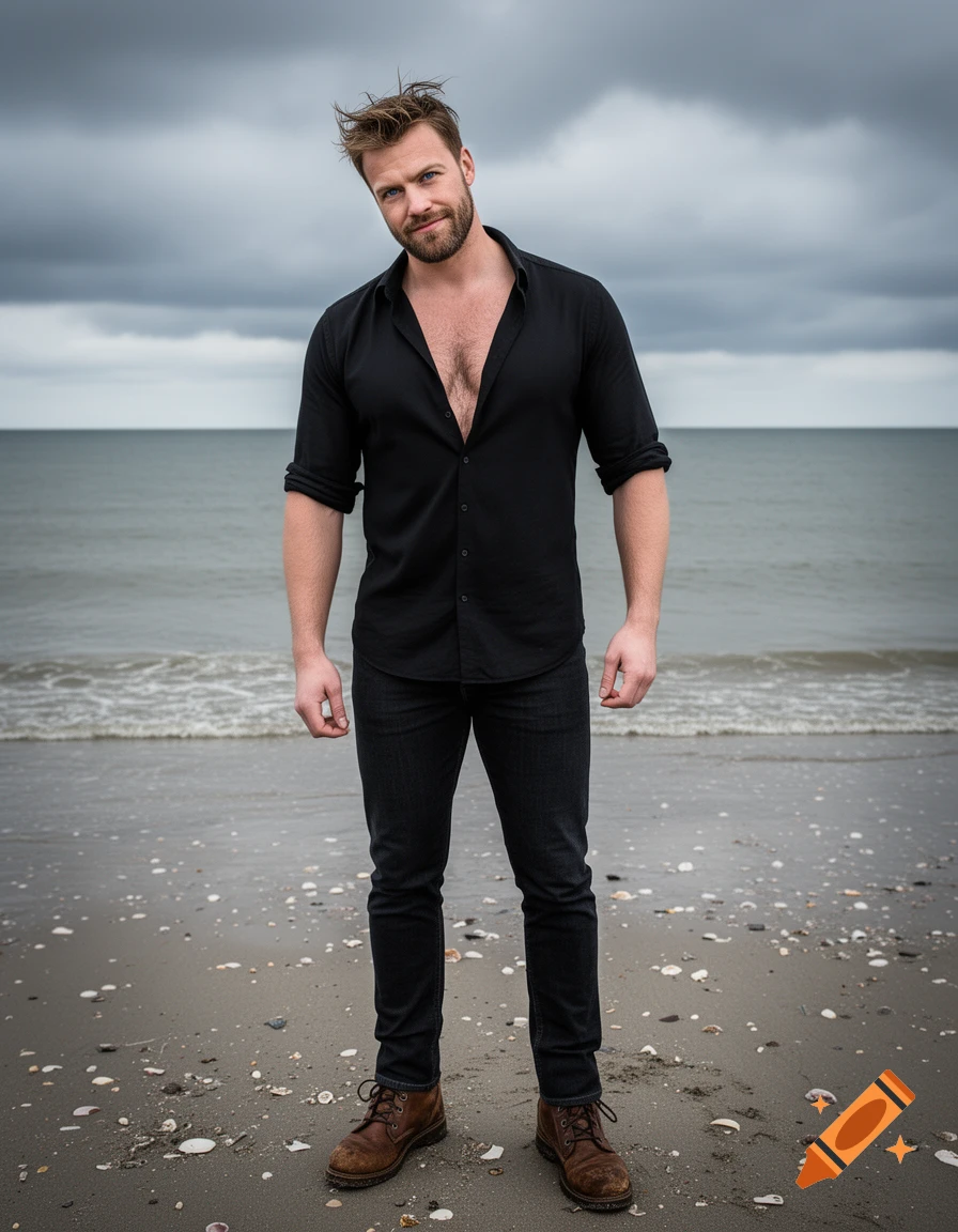 Photorealistic full-body portrait of a muscular man in a black shirt and jeans standing on a windy beach.