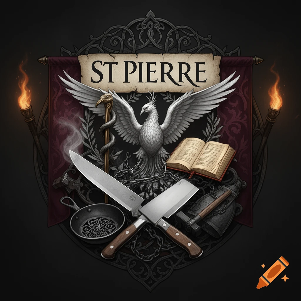 Game of thrones style house sigil banner featuring the name St Pierre, a white phoenix, medical caduceus, and crossed chef knives.