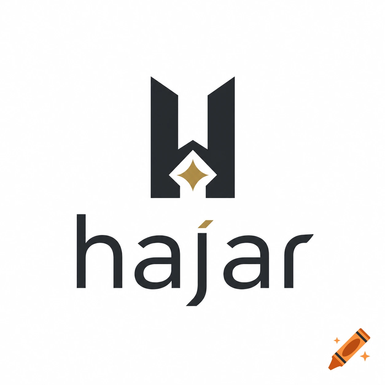 A modern minimalist logo featuring the word hajar in dark gray with a stylized monogram above it incorporating a gold diamond shape.