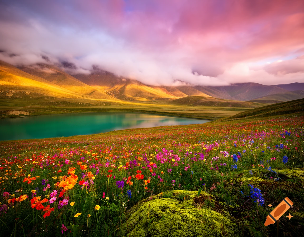Vibrant landscape of a field with colorful wildflowers, a turquoise lake, rolling green hills, and cloudy pink and purple sunset sky.