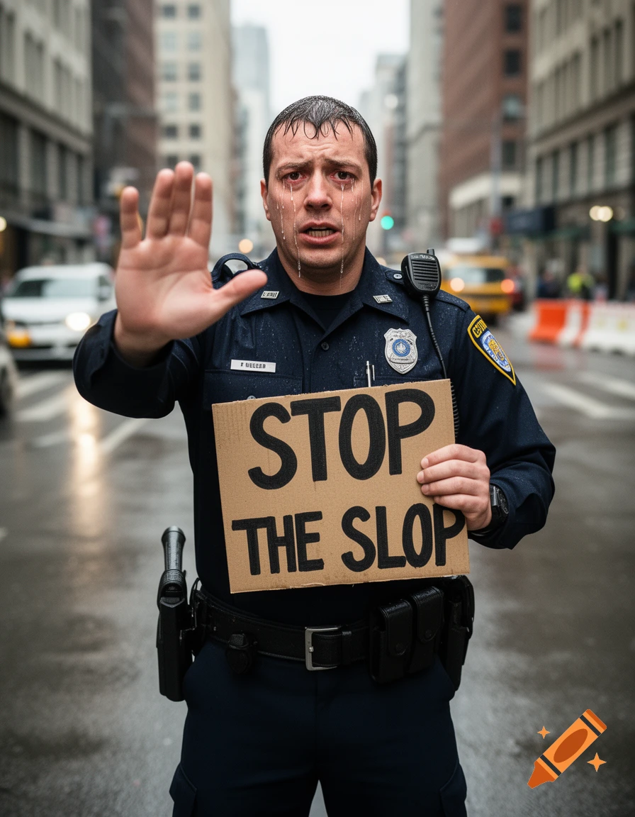 Photorealistic image of a crying police officer holding up a hand to stop and a cardboard sign that reads stop the slop in a city street.