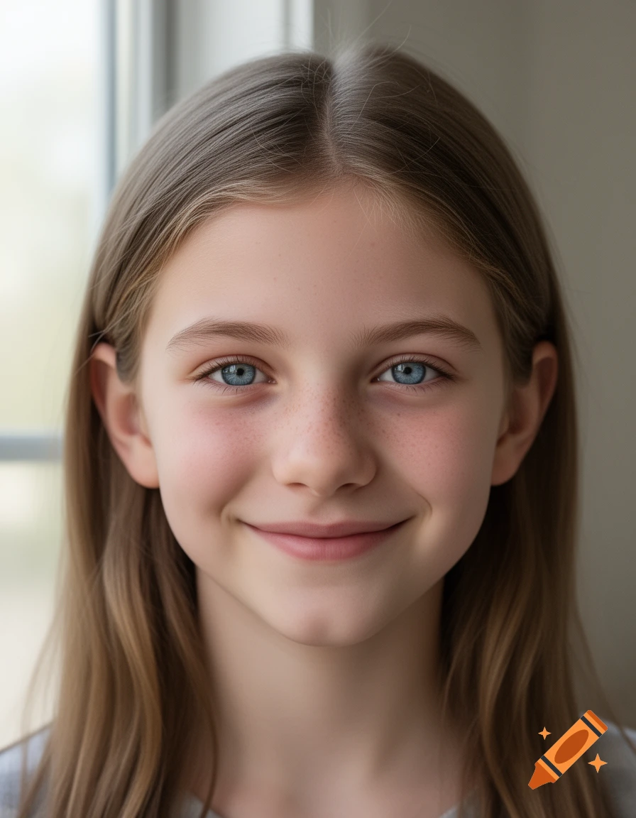 Photorealistic close-up portrait of a smiling teenage girl with long light brown hair and blue eyes.