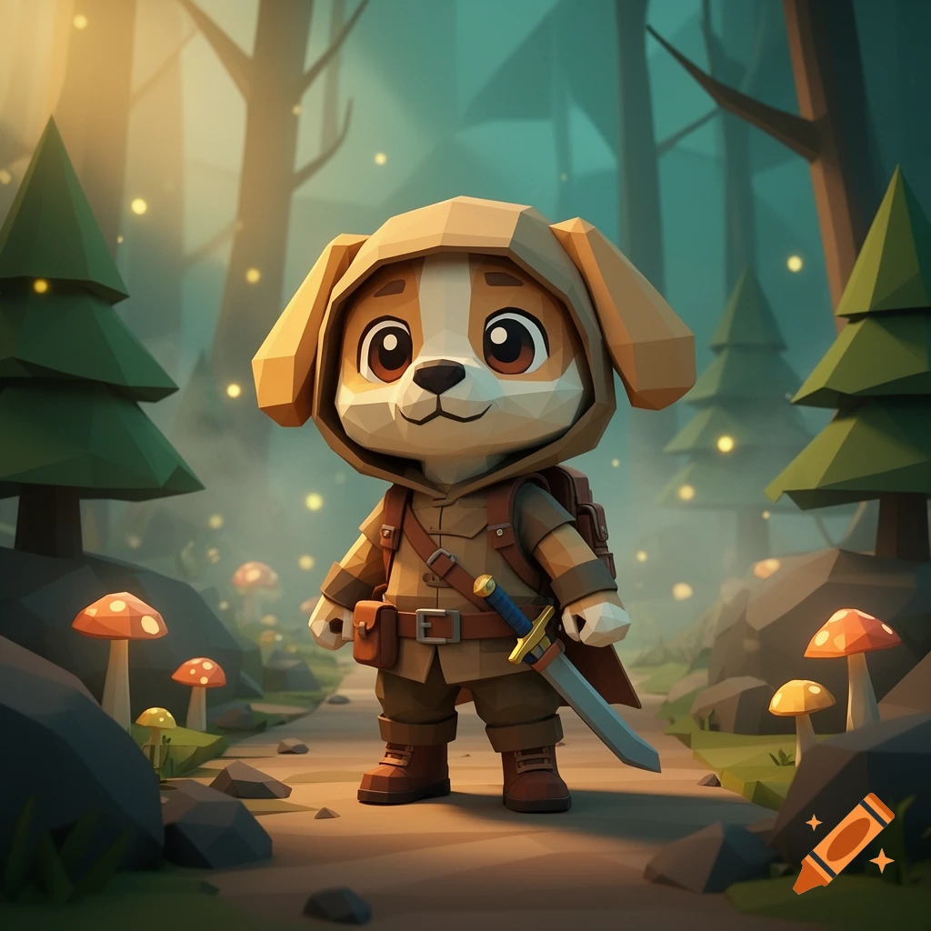 Low poly chibi dog adventurer in a forest with mushrooms and pine trees.