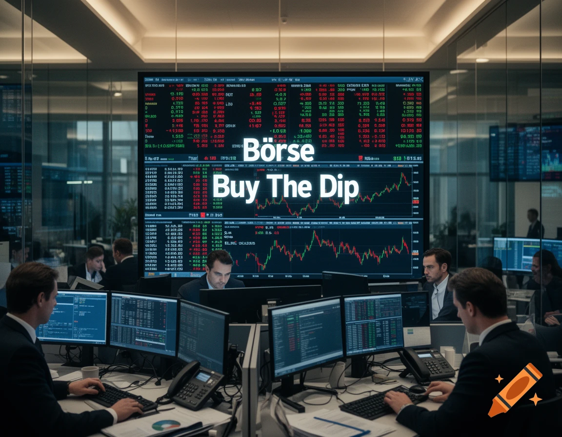 Photorealistic image of traders in a modern office looking at monitors, with a large stock market display showing Börse Buy The Dip.