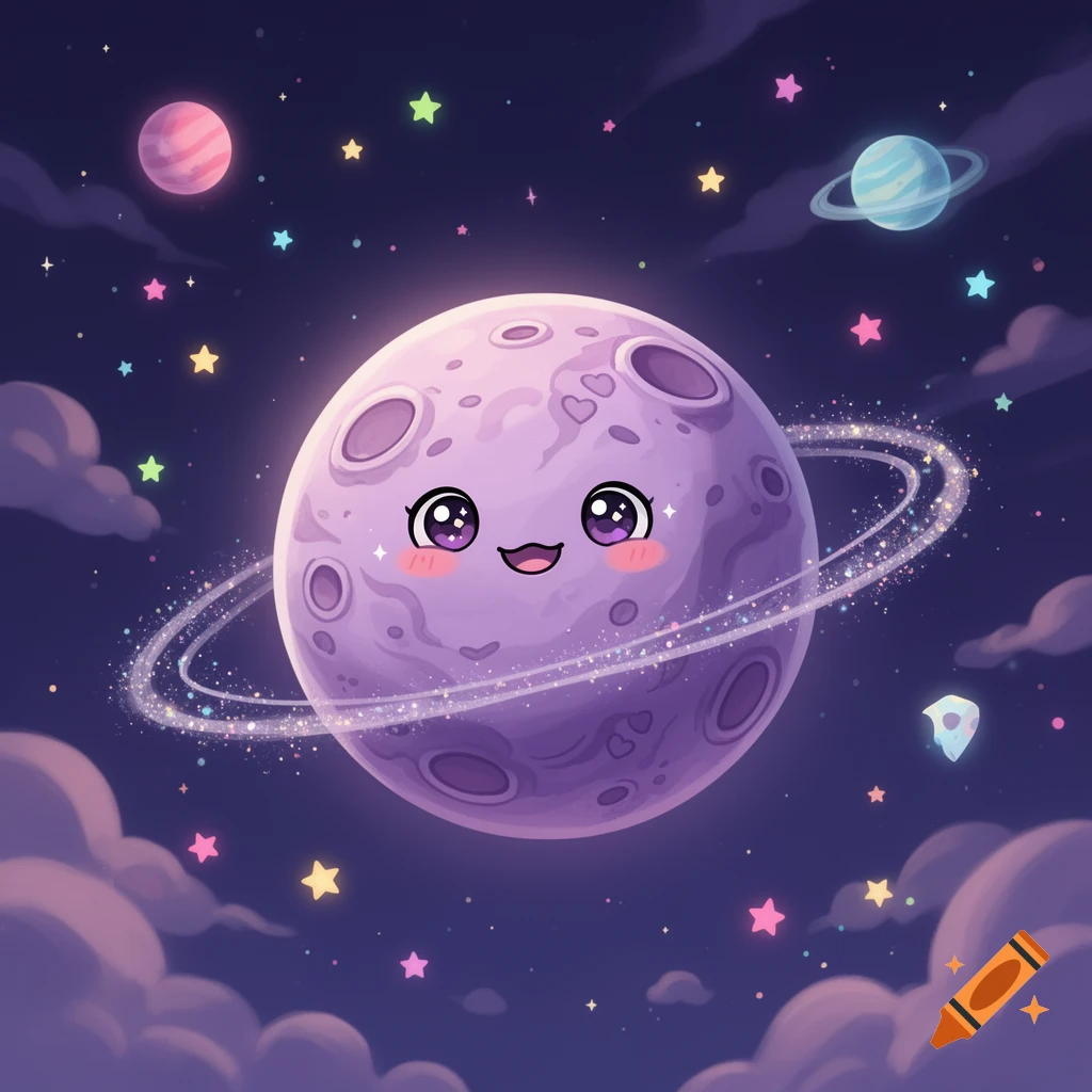 Cute cartoon purple planet with rings, big sparkling eyes, and a smiling face floating in a starry space with clouds.