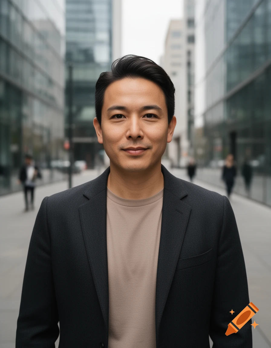 Photorealistic portrait of an East Asian man in a dark blazer standing on a city street.