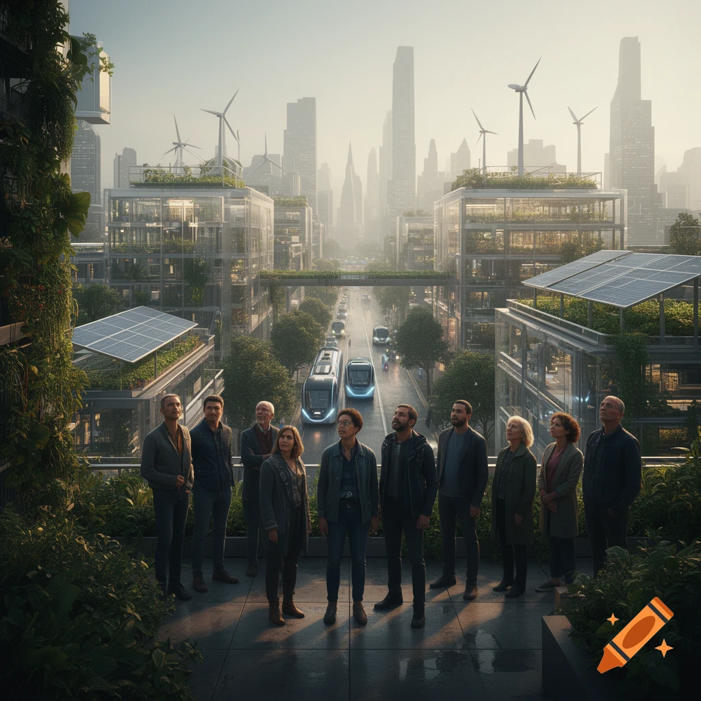 A group of diverse people stand on a balcony overlooking a futuristic green city with tall skyscrapers and automated vehicles.