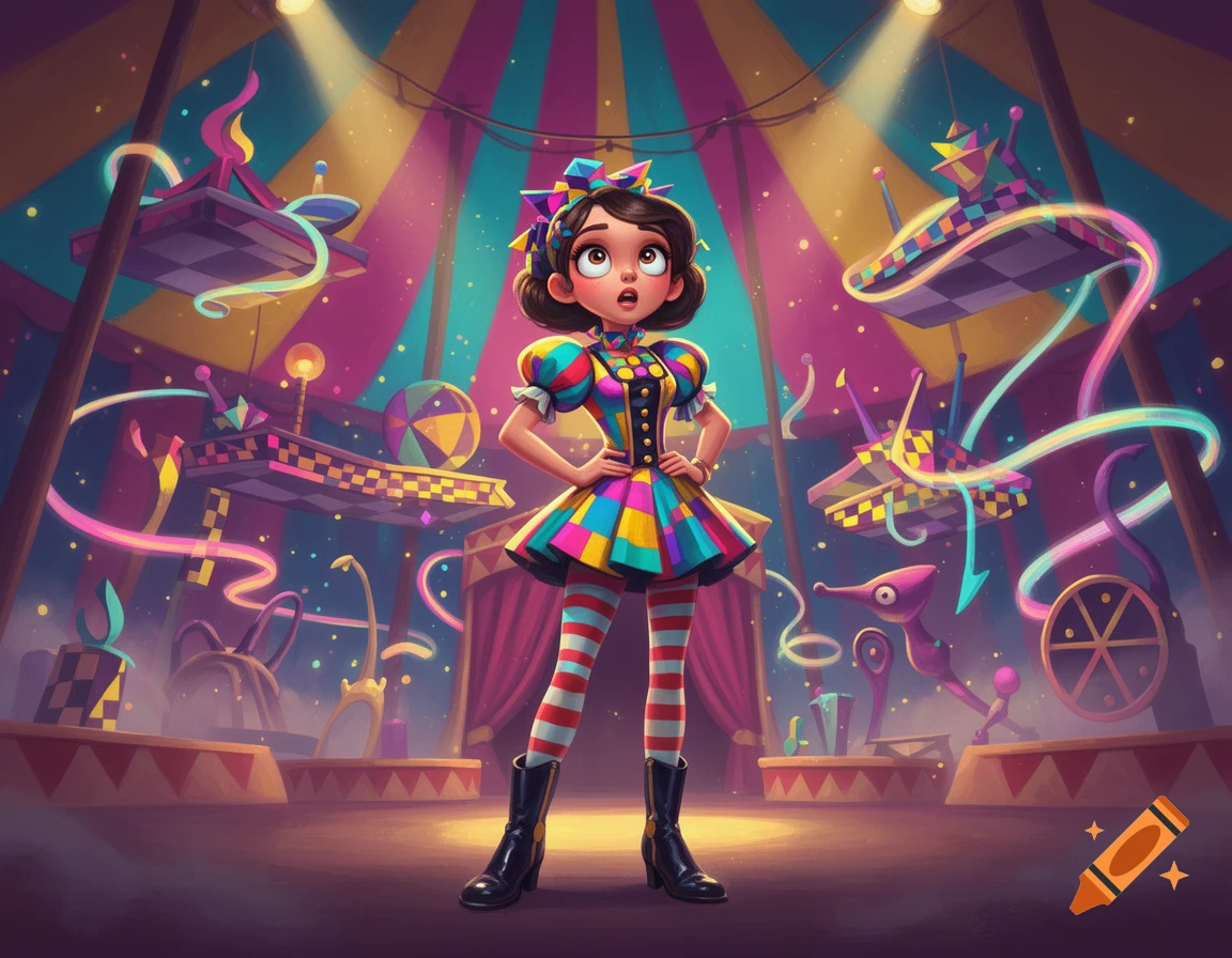 Digital illustration of a colorful, stylized female character in a circus tent with floating geometric platforms.