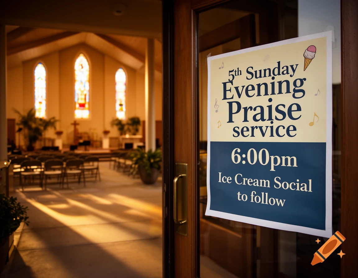A flyer on a glass church door advertising a Sunday evening praise service and ice cream social, with the sanctuary visible in the background.