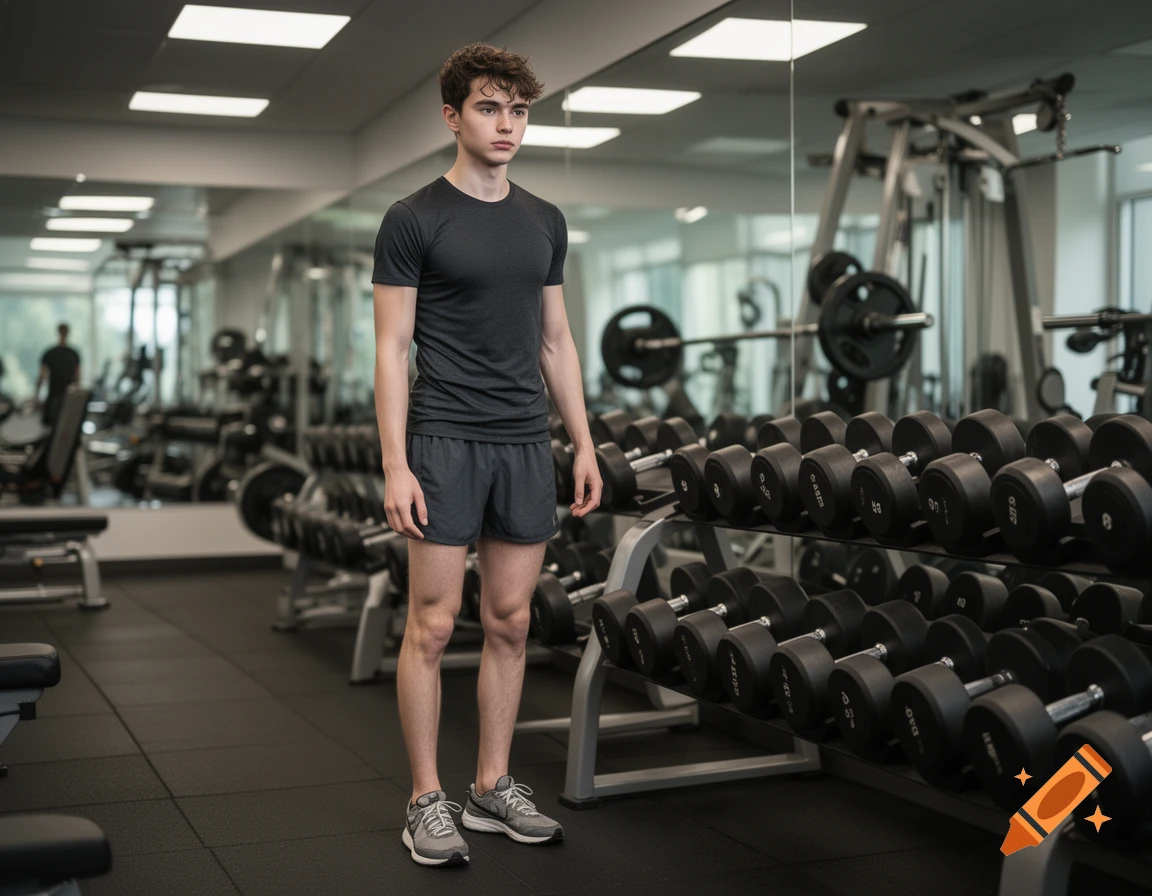 Photorealistic image of a slim young man standing in a modern gym with dumbbells and mirrors.