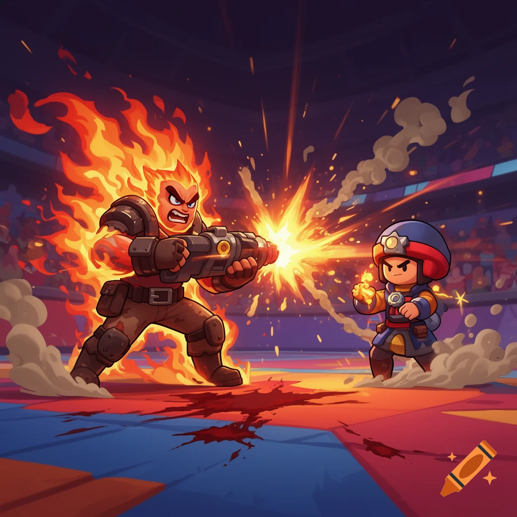 Cartoon illustration of a fiery character fighting a smaller warrior in an arena, in the style of Brawl Stars.