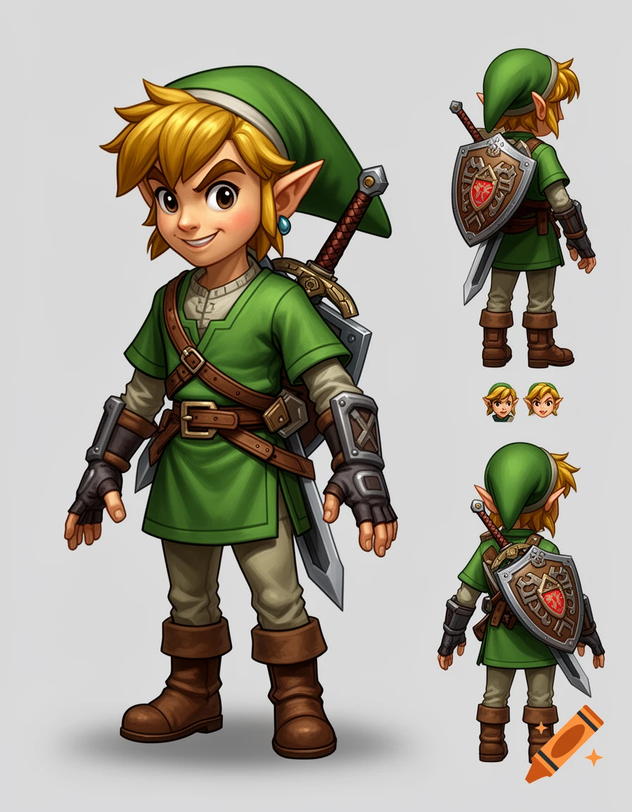 Character sheet of Link from The Legend of Zelda in an Arcadia Quest stylized fantasy art style.