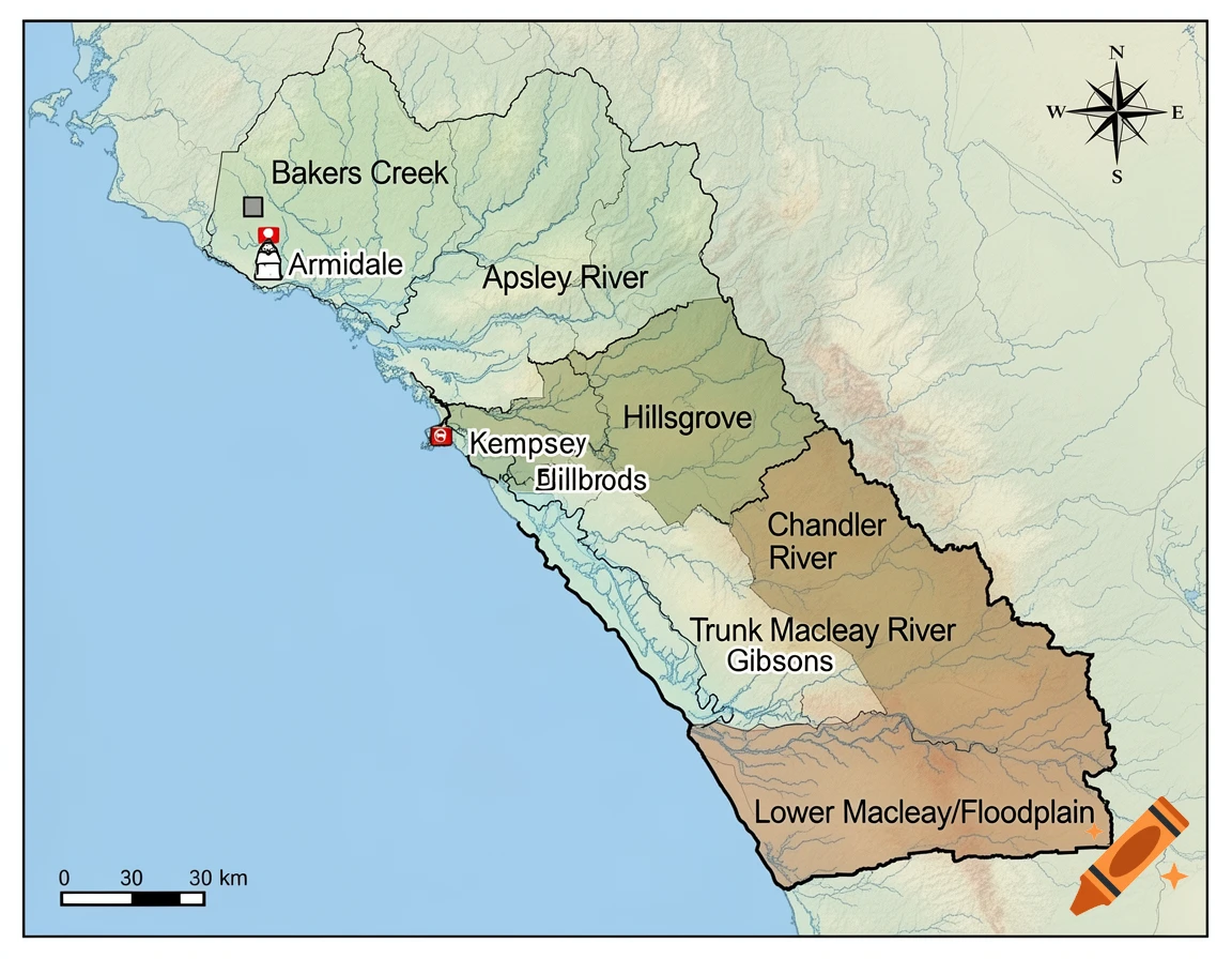 Detailed geographic map showing regional sub-catchments, rivers, coastline, and towns with a compass rose.