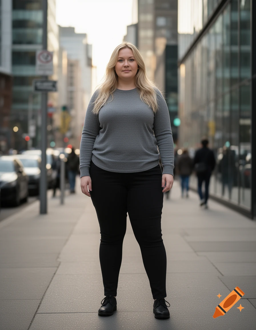 Photorealistic full-length portrait of a young woman with long blonde hair standing on a city sidewalk.