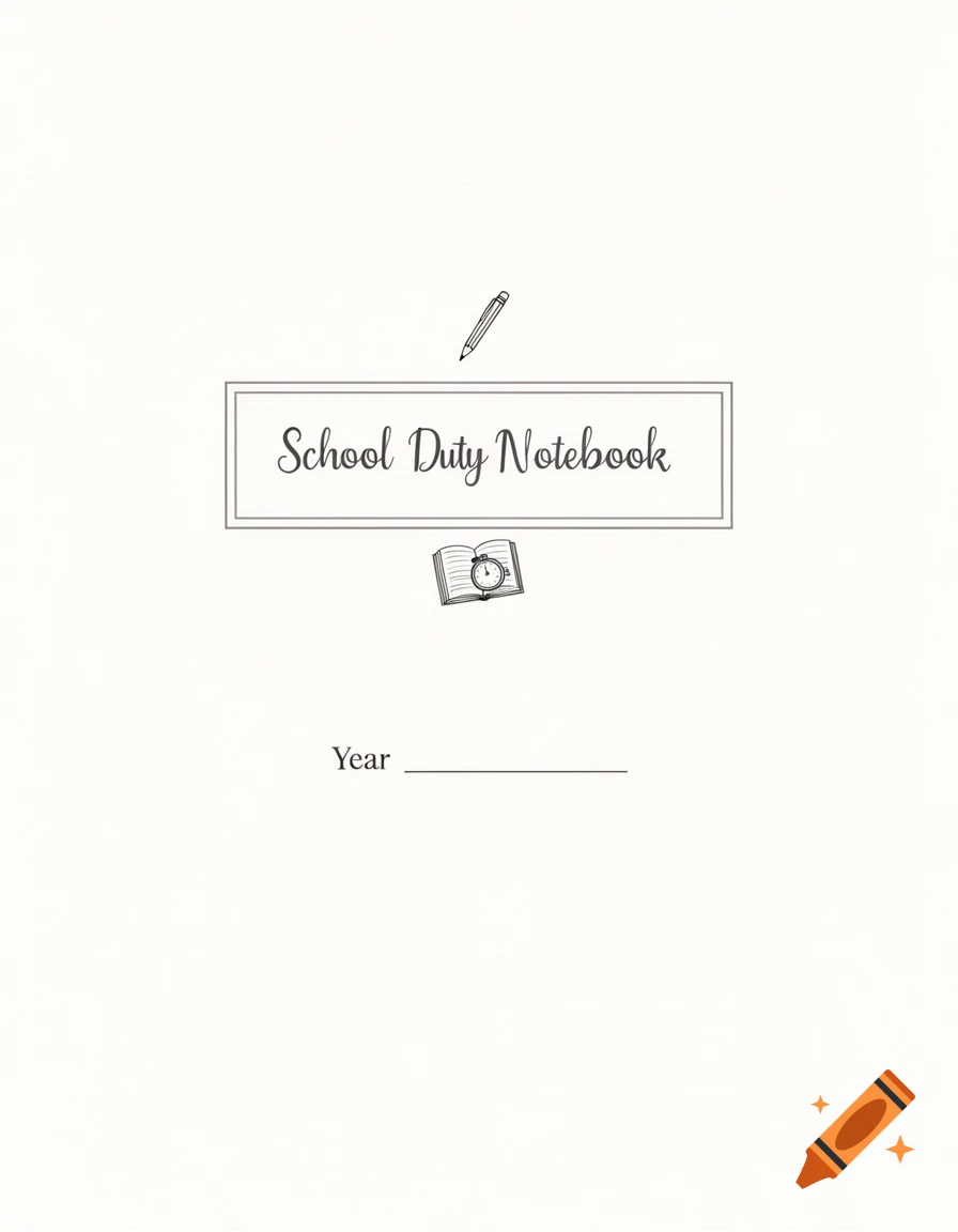 A minimalist school duty notebook cover with a pencil, clock icon, and a year line.