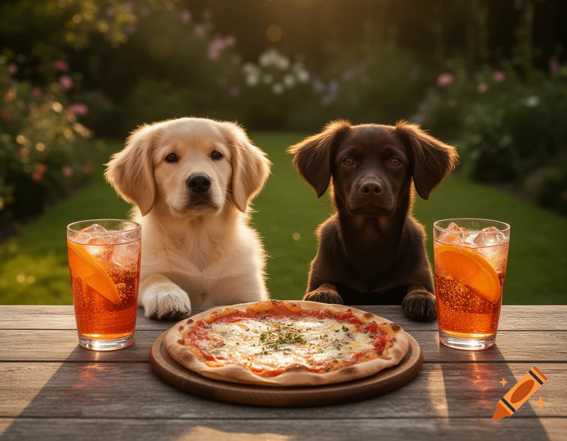 Photorealistic image of a golden retriever and a chocolate Labrador puppy sitting at an outdoor table with a pizza and two Aperol spritzes.