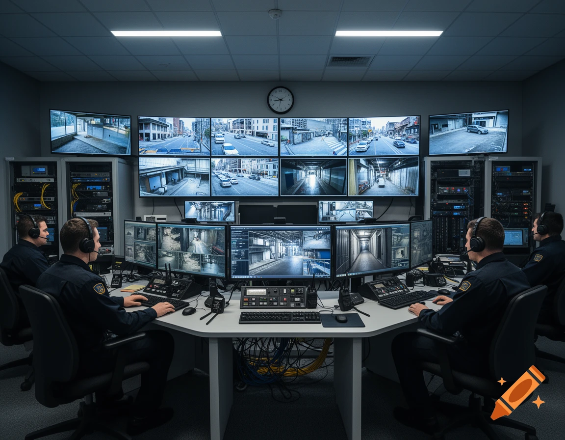 Photorealistic security surveillance room with multiple operators wearing headsets and monitoring numerous screens showing city traffic.