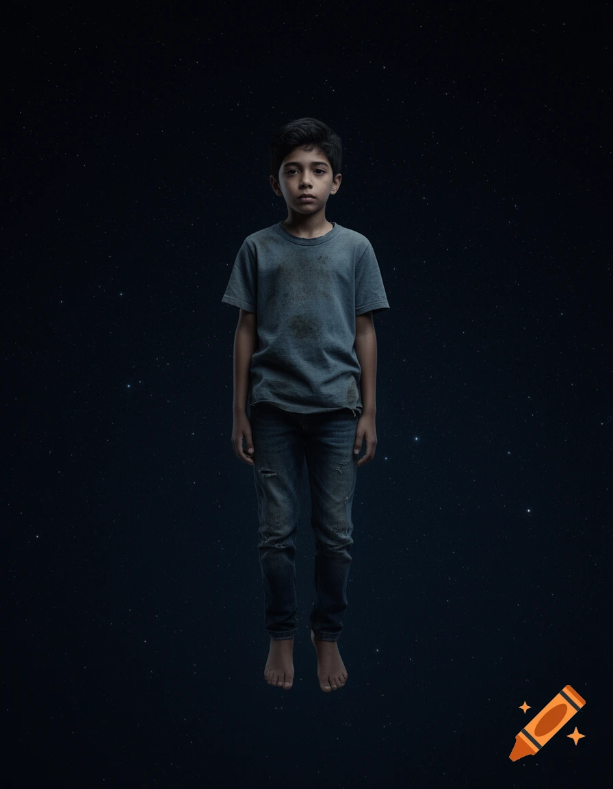 A young boy with dark hair and a dirty t-shirt floating in space surrounded by stars, photorealistic portrait.