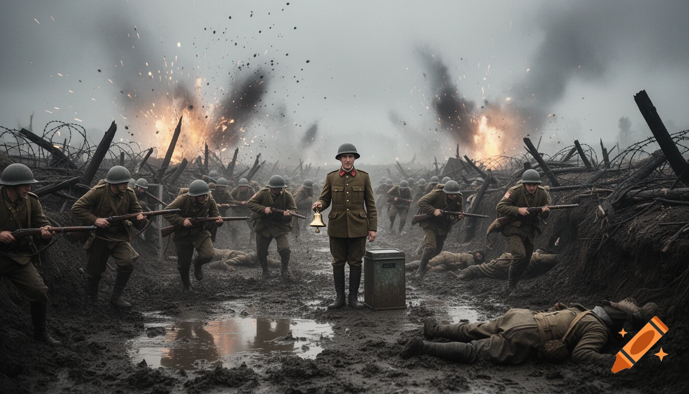Photorealistic WW1 trench warfare scene with a Salvation Army bell ringer standing in the center amid explosions and charging soldiers.