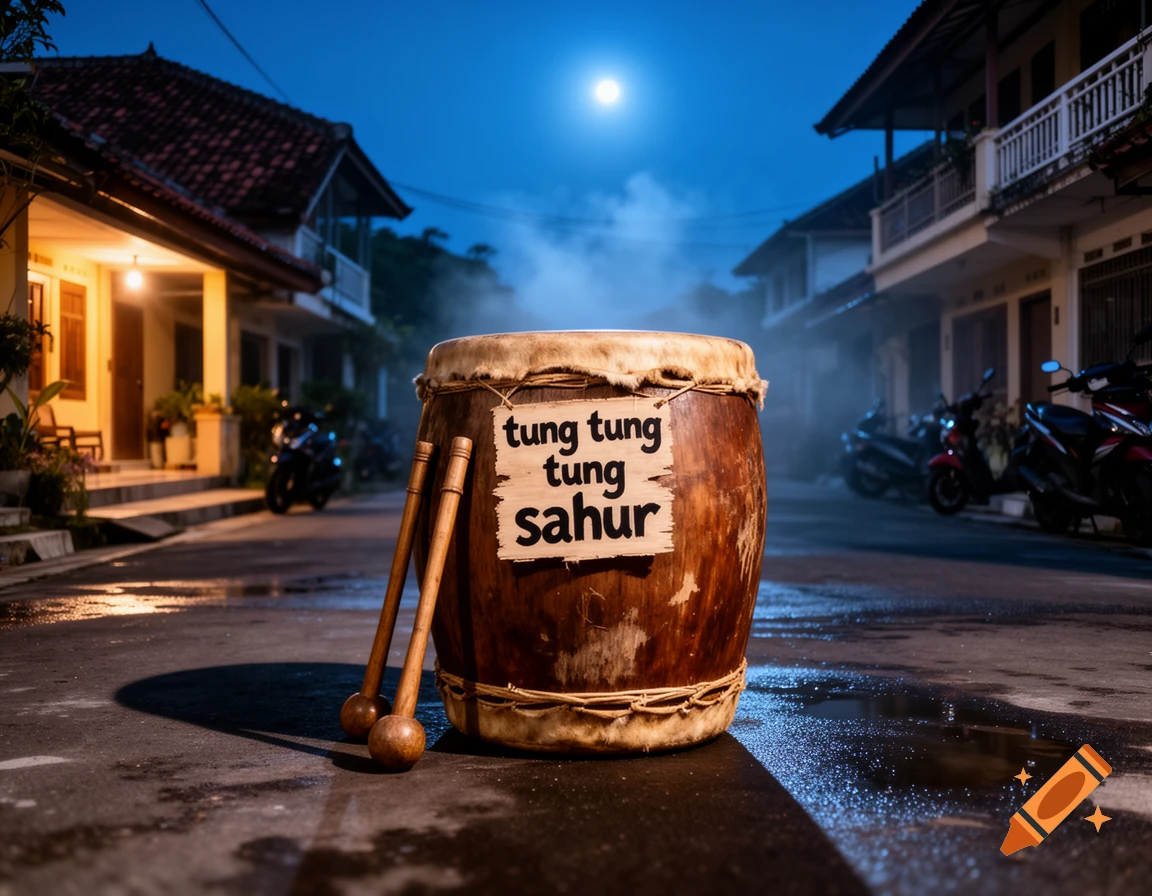 A traditional Indonesian bedug drum with text reading 'tung tung tung sahur' stands on a wet street at night under a full moon.