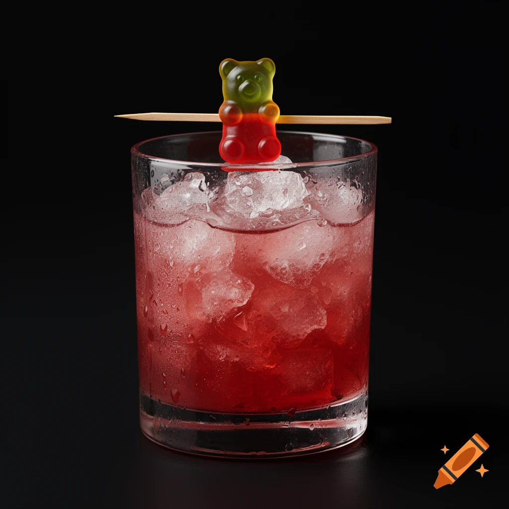 Photorealistic close-up of a red cocktail in a glass with crushed ice, garnished with a gummy bear on a wooden toothpick against a black background.