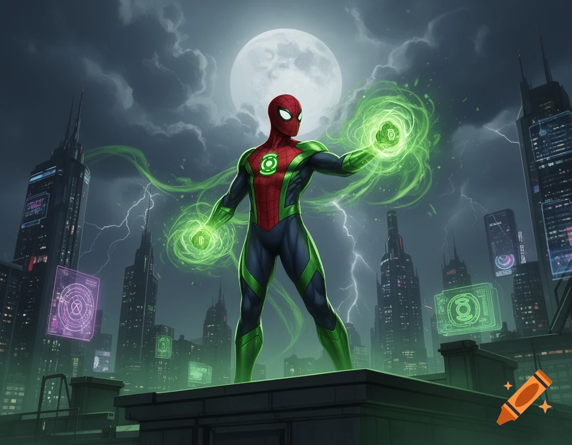 Spider-Man wearing a Green Lantern suit standing on a rooftop at night with glowing green energy effects and a full moon.