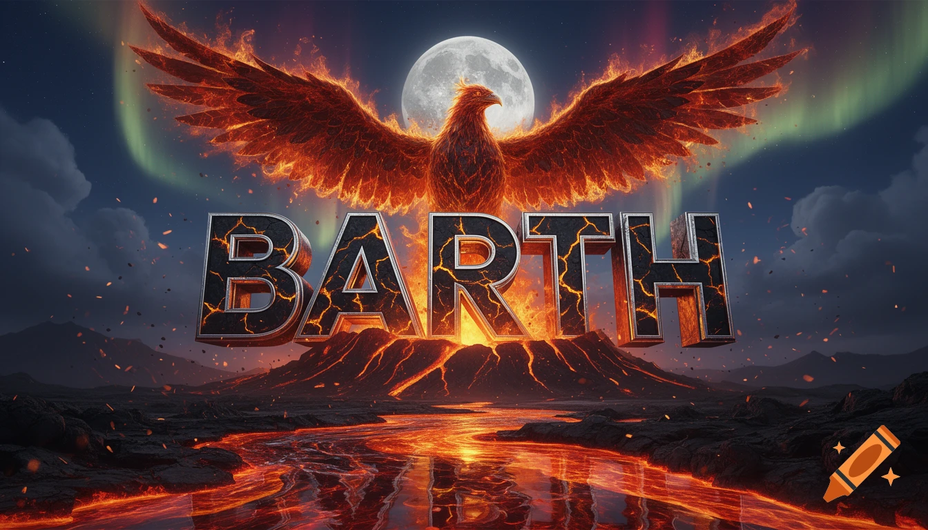 Gigantic 3D fiery letters BARTH erupting from an active volcano with a massive phoenix of fire and ash rising behind under a twilight sky.