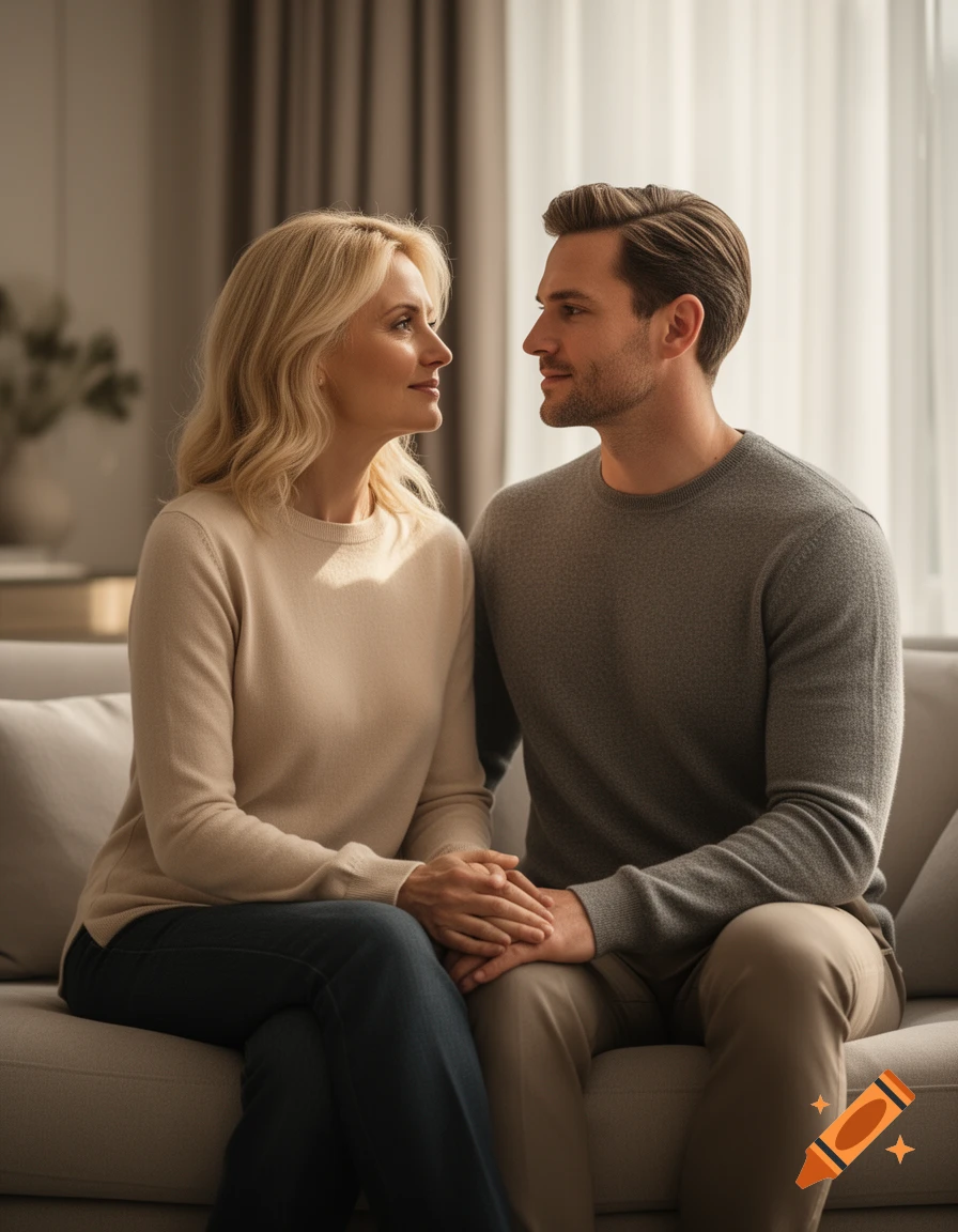 A photorealistic portrait of a blonde woman sitting on a handsome man's knee, looking into each other's eyes on a sofa.