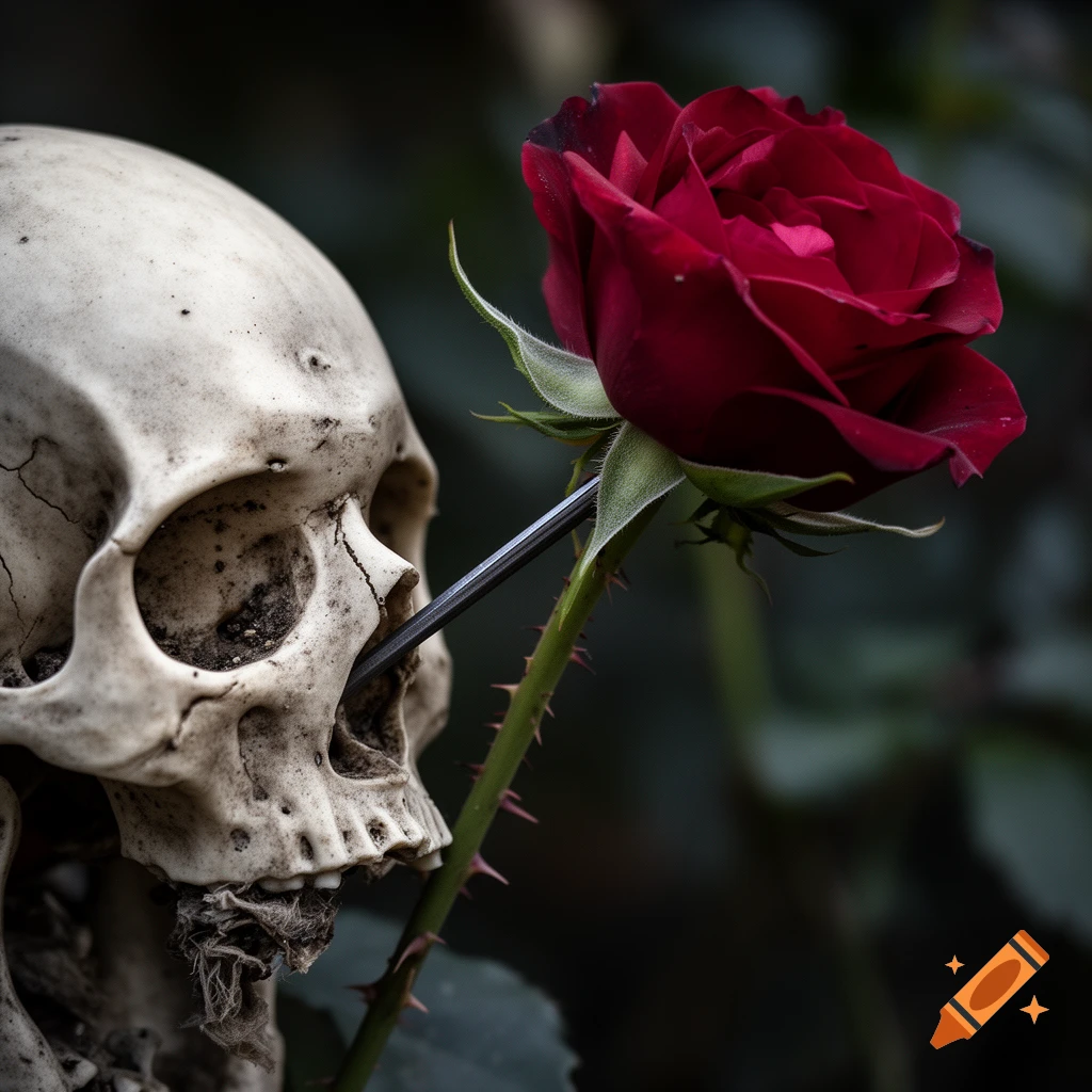 Close-up photorealistic image of a human skull with a deep red rose stem piercing through the nasal cavity.