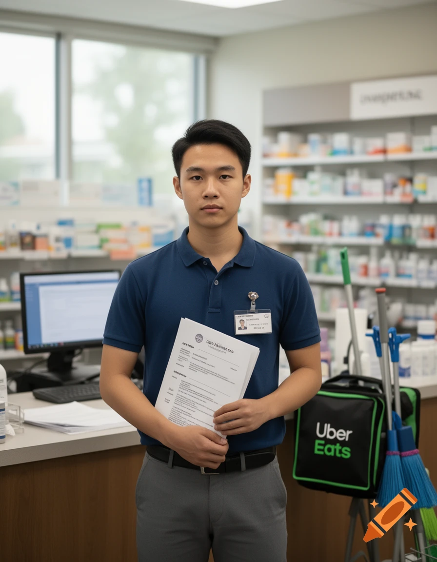 Photorealistic portrait of a young Asian man in a pharmacy, holding documents, with an Uber Eats bag and cleaning supplies nearby.
