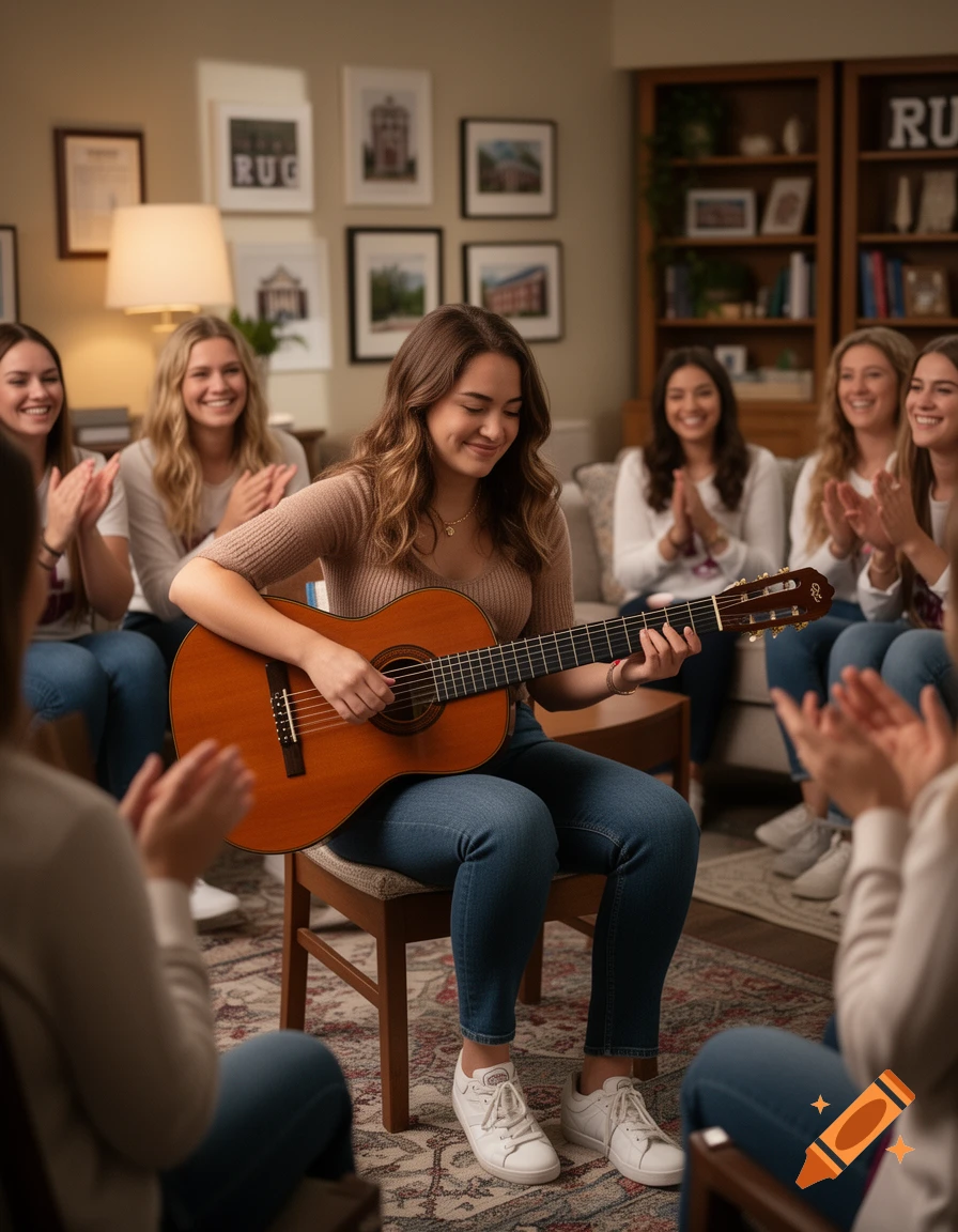 Photorealistic image of a young woman playing a classical guitar in a living room, surrounded by her friends who are clapping.