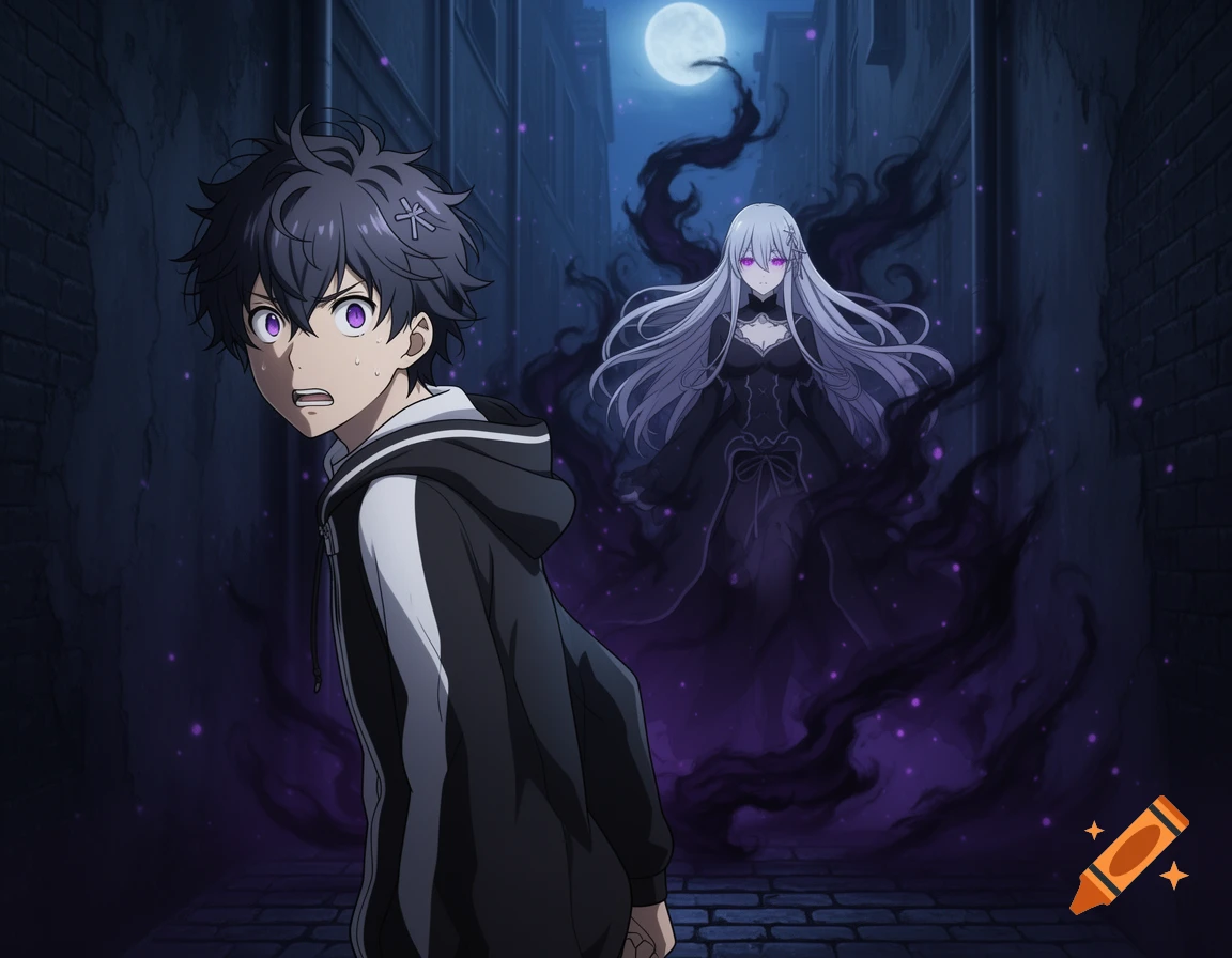 Anime style illustration of a frightened boy in a dark alleyway being stalked by a shadowy female figure with glowing purple eyes and hair under a full moon.
