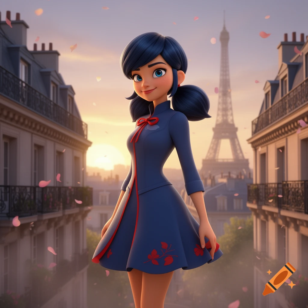 3D animated style character of Marinette standing on a balcony with the Eiffel Tower in the background at sunset