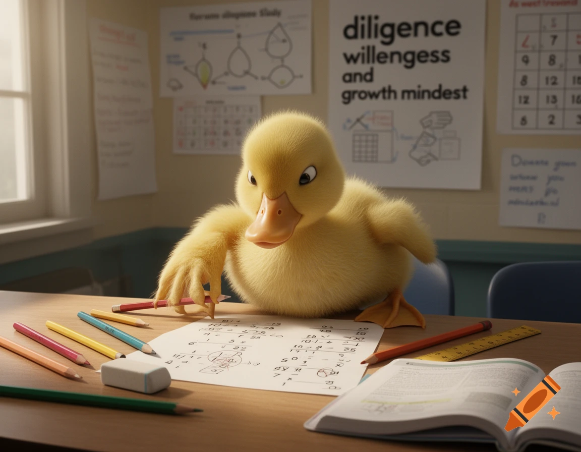 A cute yellow duck sitting at a desk in a classroom, looking frustrated while doing math.