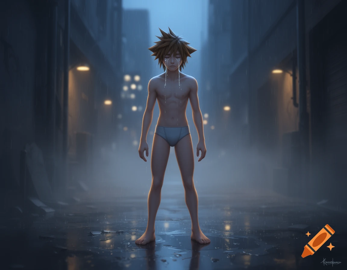 3D digital illustration of Sora from Kingdom Hearts standing barefoot in his underwear, crying in a rainy alleyway at night.