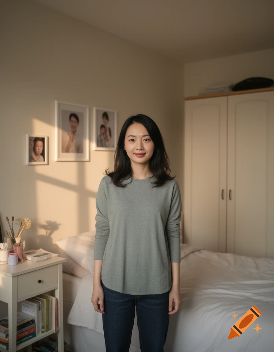 Photorealistic portrait of a young Asian woman standing in a sunlit bedroom.