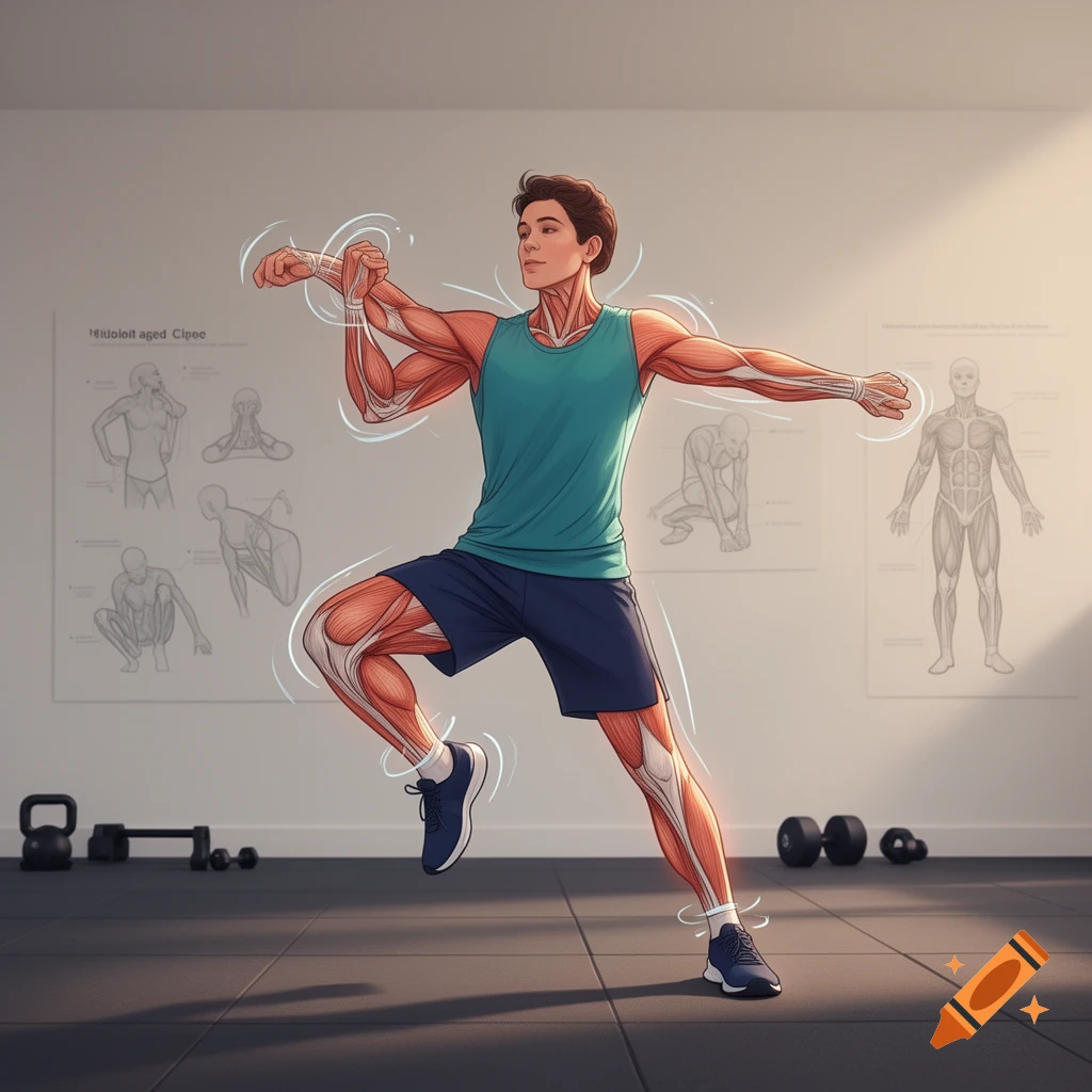 Digital illustration of a man warming up in a gym, showing anatomical muscles, with posters in the background.
