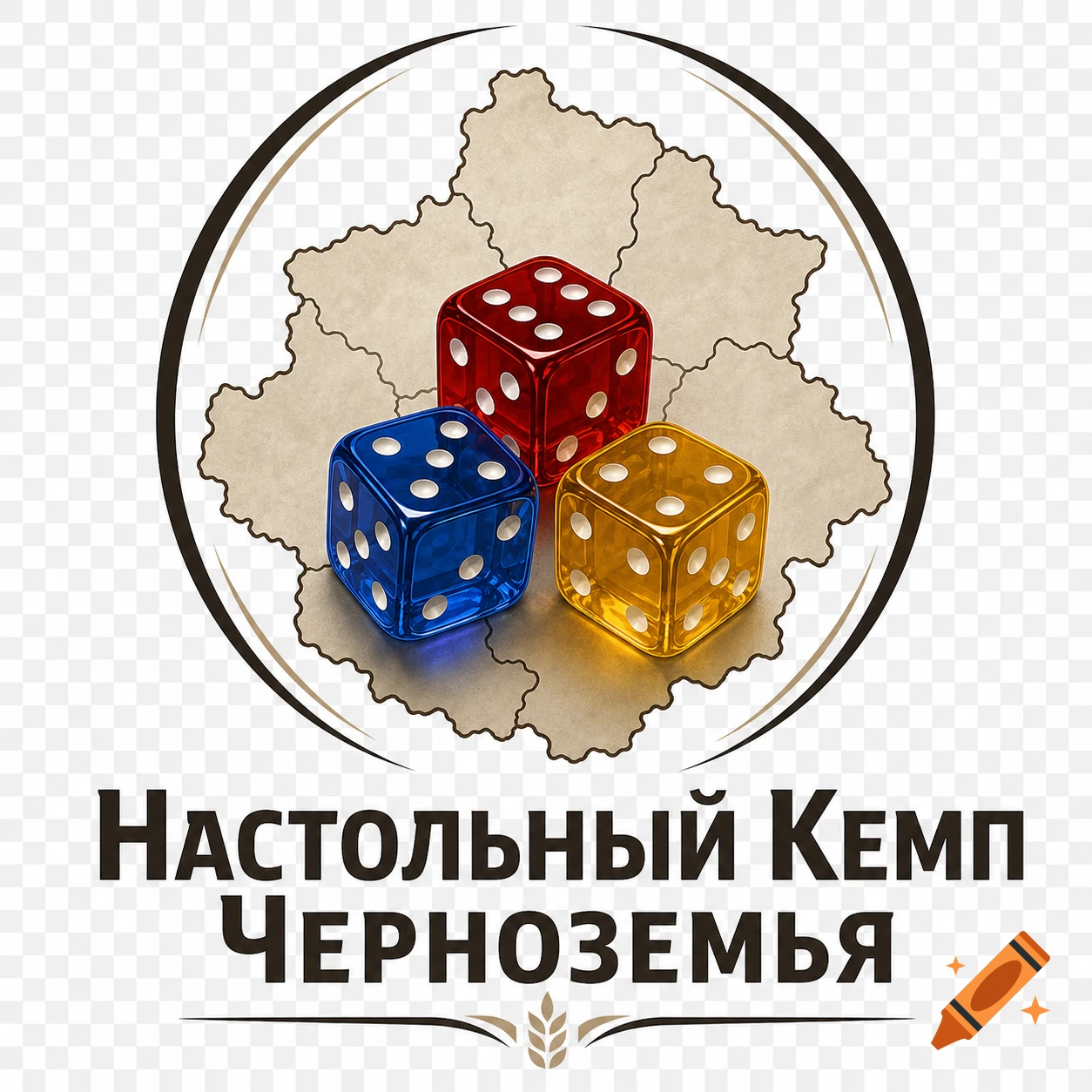 Logo with a map background, three colorful translucent dice, and Russian text reading 'Настольный Кемп Черноземья'.