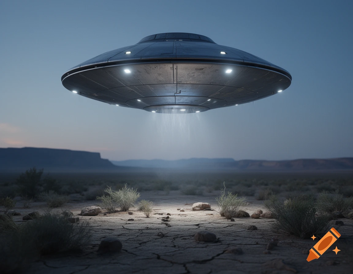 Photorealistic image of a metallic UFO hovering over a barren desert landscape with dry cracked earth.