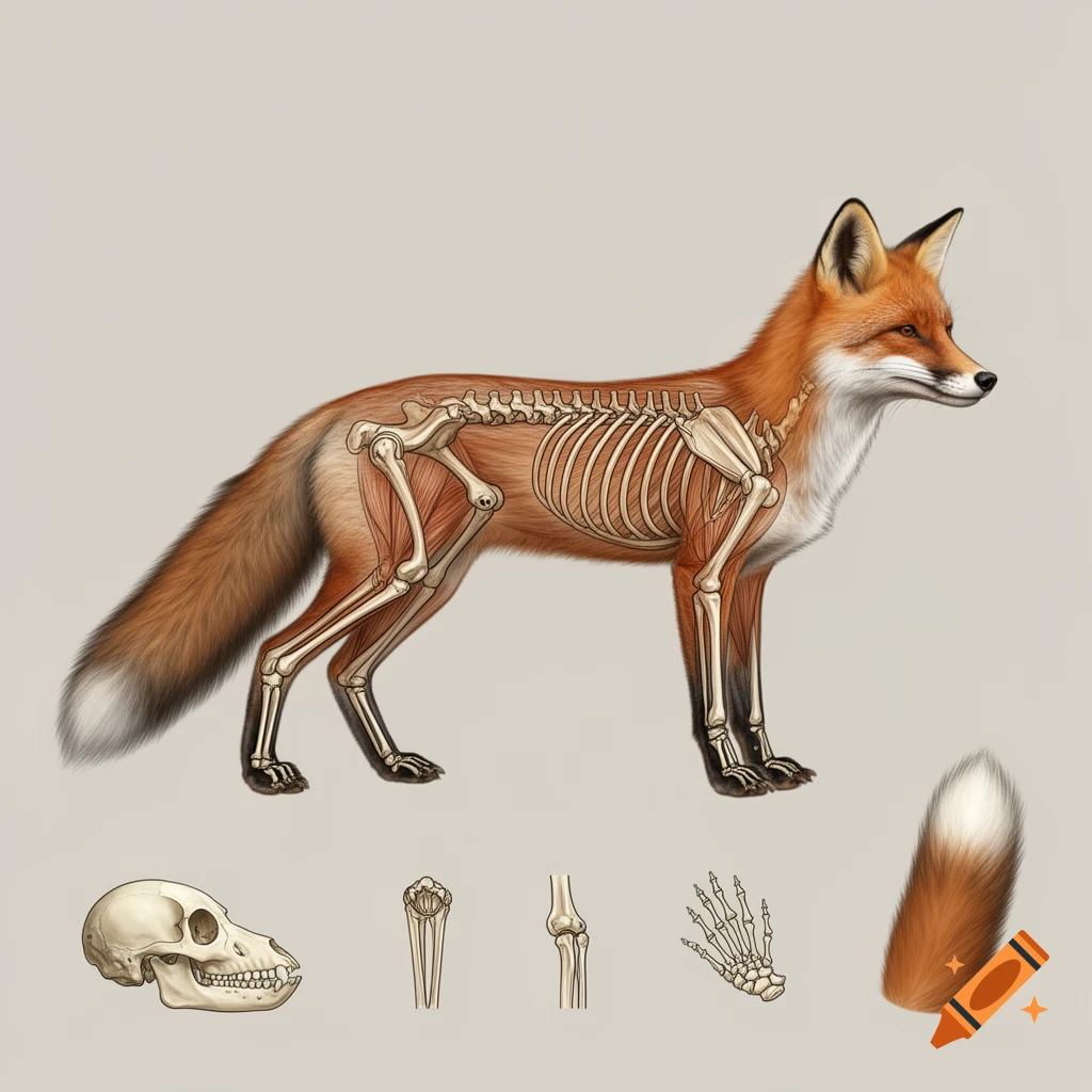 Anatomical illustration of a red fox showing its skeleton and muscles, with isolated details of a skull, joints, paw bones, and tail.