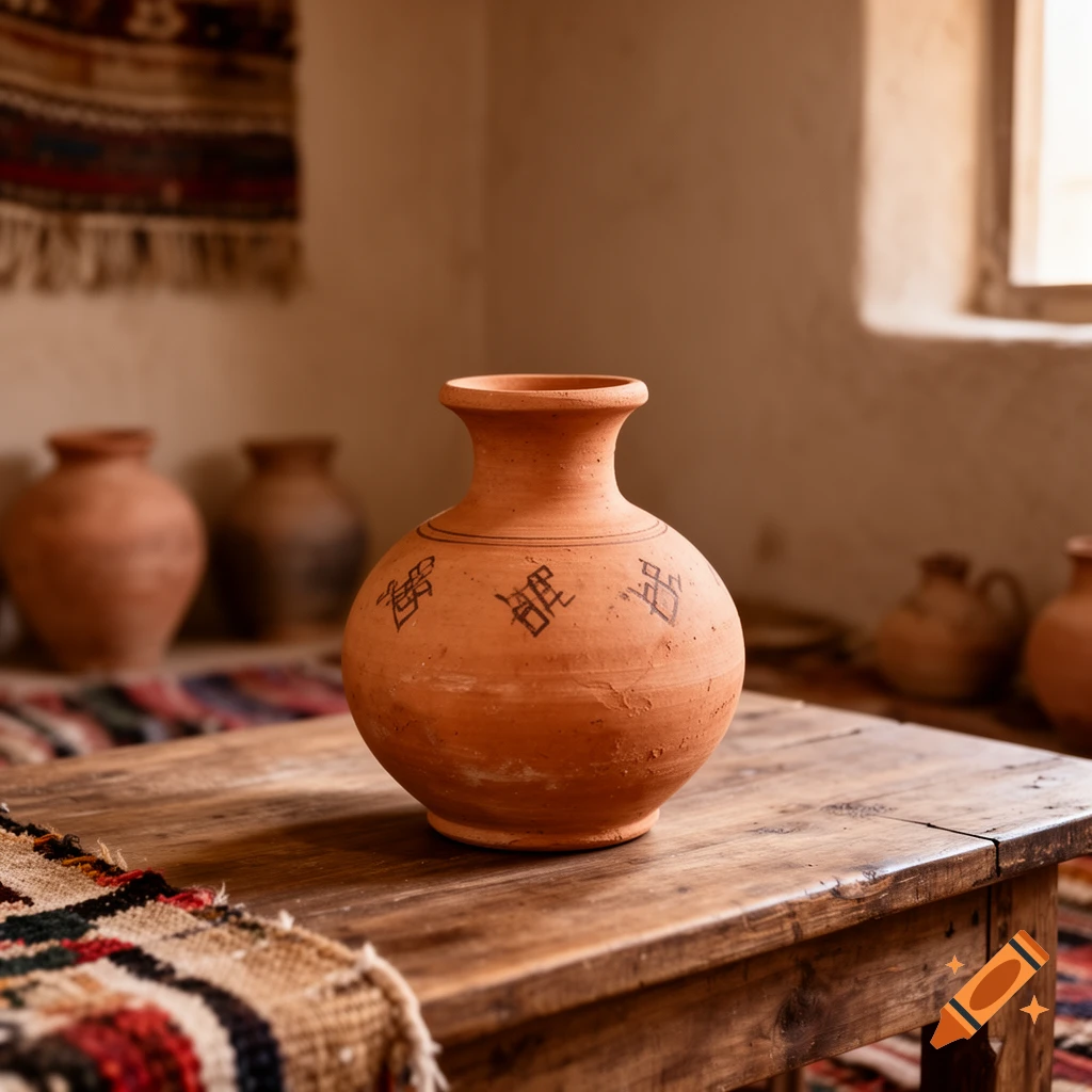 Photorealistic image of a clay pottery vase with symbols on a wooden table inside a rustic room.