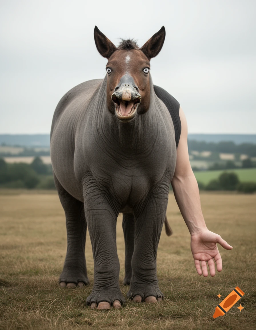 Photorealistic surreal creature with a horse head, duck beak, elephant body, and a human arm as a tail standing in a field.