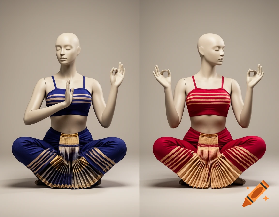 Split image showing two bald mannequins sitting in a meditation pose, wearing blue and red Bharatanatyam-style costumes with pleated fans.