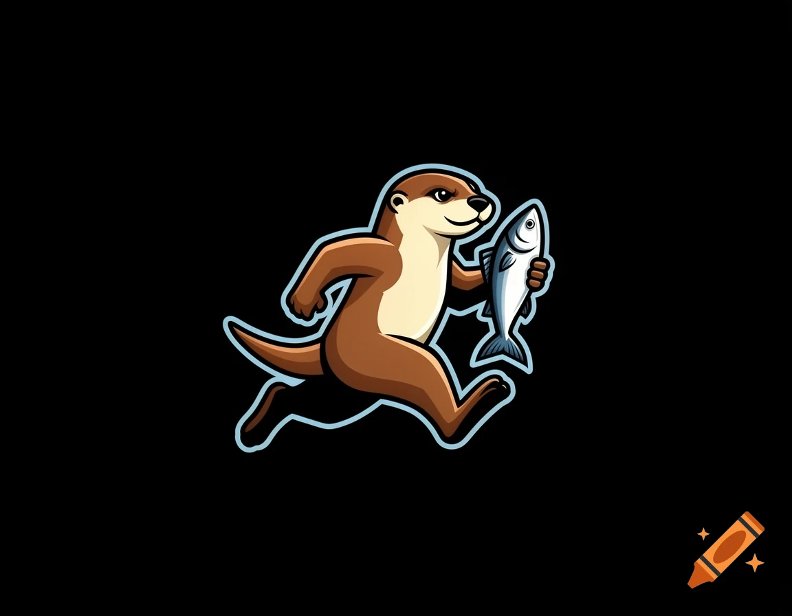 Vector style illustration of an otter running while holding a fish against a black background.