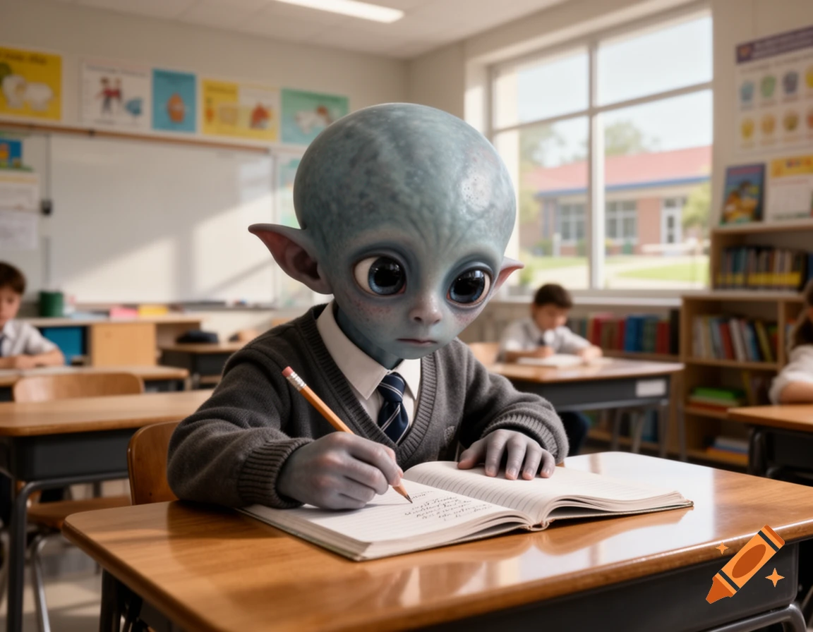 A photorealistic depiction of a blue alien child with large eyes and a grey school uniform sitting at a desk and writing in a notebook inside a classroom.
