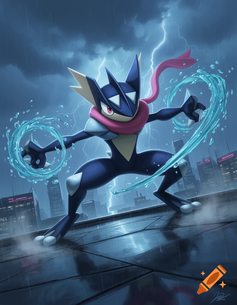 Digital illustration of the Pokémon Greninja in a dynamic combat stance on a rooftop during a thunderstorm with a city skyline in the background.