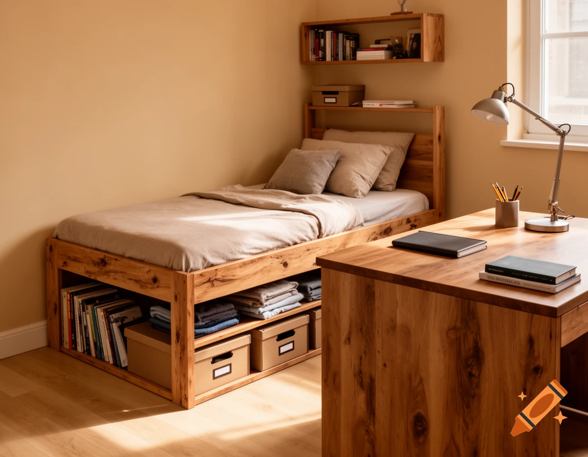 Photorealistic cozy bedroom with a wooden bed featuring built-in storage and shelves, beside a wooden desk with a lamp.
