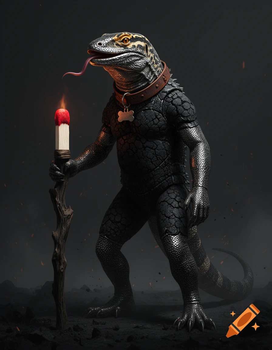 Bipedal reptilian humanoid creature with monitor lizard head, dog collar, and walking stick topped with a giant match in a dark setting.