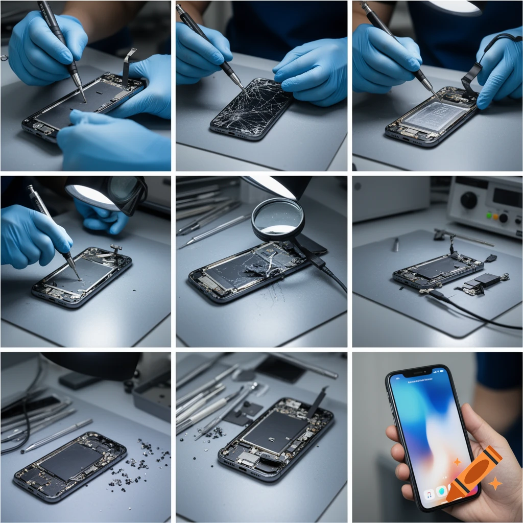 Photorealistic grid of 9 images showing a technician repairing a smartphone with tools.